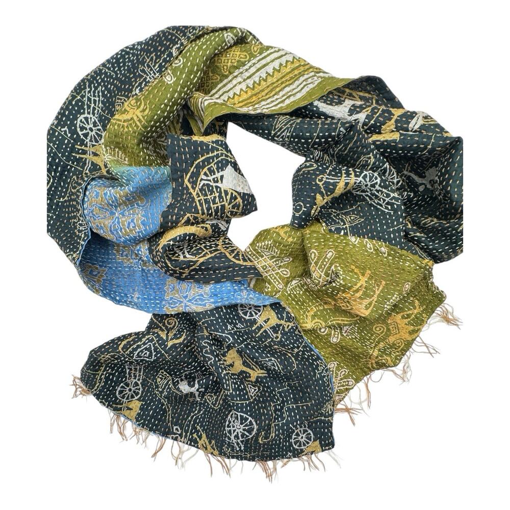Ritual Brand Silk Scarf Kantha Stitch Tribal Warli Warrior Print Crinkled 70x19"
